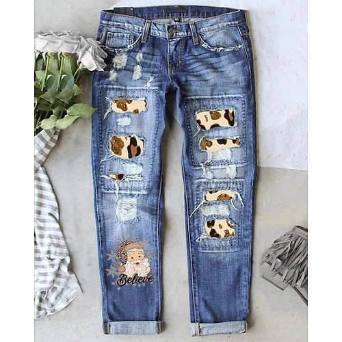 

Women's Jeans Distressed Jeans Denim Blue Fashion Christmas Christmas Street Casual Baggy Ripped Micro-elastic Full Length Comfort Santa Claus S M L XL XXL / Print