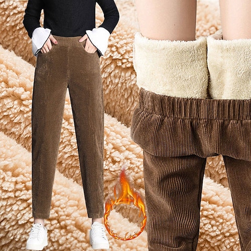 

Women's Chinos Fleece Pants Pants Trousers Corduroy Fleece lined Brown Gray Black Mid Waist Fashion Casual Weekend Side Pockets Micro-elastic Ankle-Length Comfort Plain S M L XL XXL