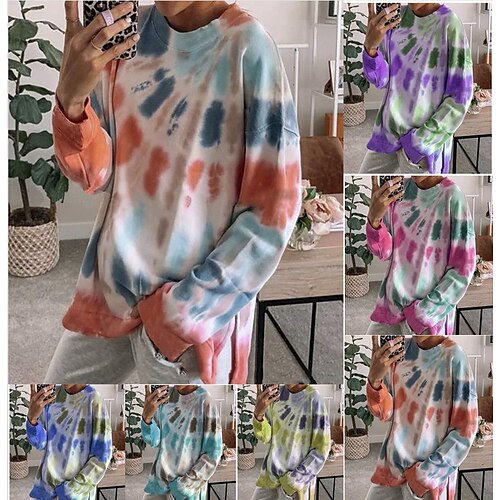 

Women's Hoodie Mixed Color Tie Dyed Regular Spring & Fall fluorescent green Blue Purple Yellow Sky Blue