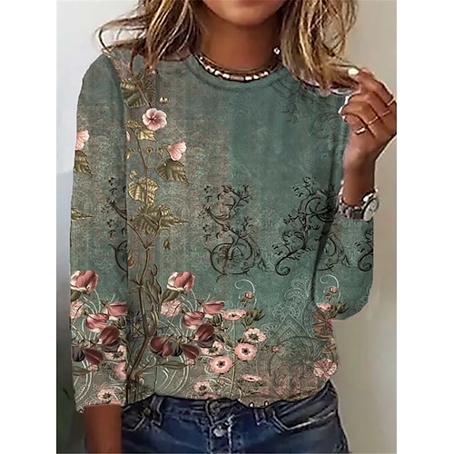 

Women's T shirt Tee Green Flower Patchwork Print Long Sleeve Casual Daily Basic Vintage Ethnic Round Neck Regular Loose Fit S