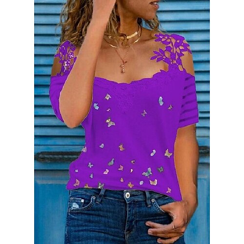 

Women's T shirt Tee Black Blue Purple Butterfly Lace Cut Out Short Sleeve Holiday Weekend Basic V Neck Regular Butterfly Painting S