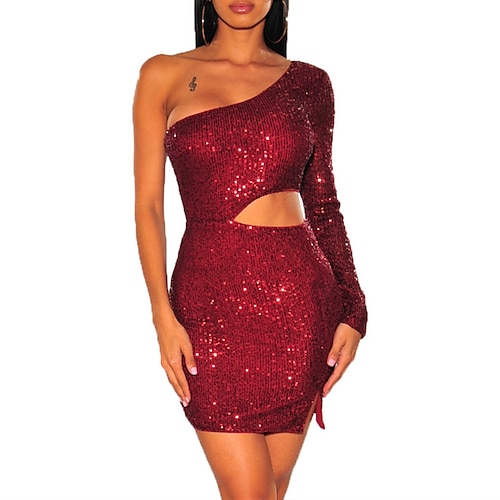 

Women's Party Dress Sequin Dress Bodycon claret Black Rainbow Long Sleeve Pure Color Sequins Spring Summer One Shoulder Hot Party Winter Dress Fall Dress Slim 2022 S M L XL