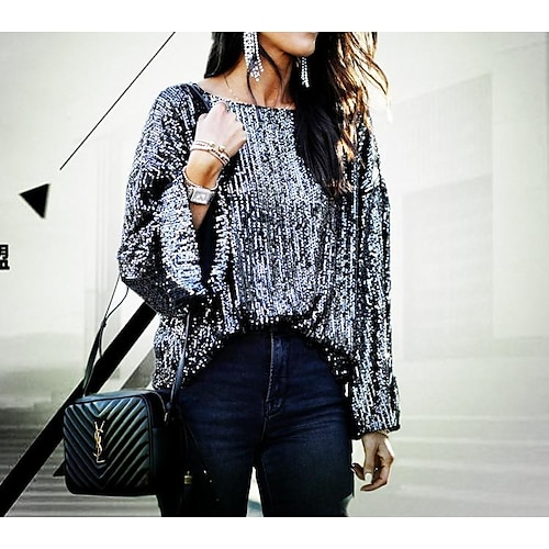 

Women's Blouse Sequins Sparkly Regular Spring & Fall claret Purple Gold Black