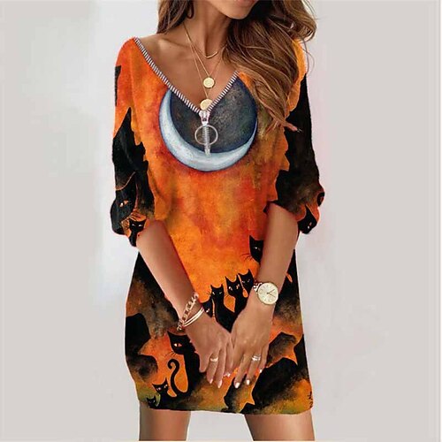 

Women's Sweatshirt Dress Winter Dress Orange Long Sleeve Animal Cat Zipper Print Winter Fall V Neck Vacation Casual Fall Dress Loose Fit 2022 S M L XL XXL 3XL / Halloween