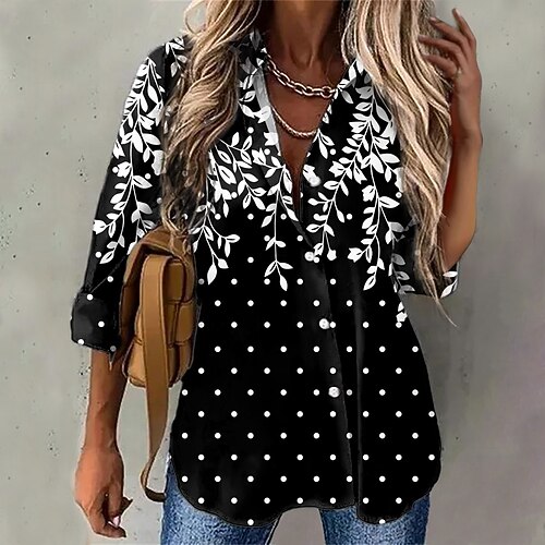 

Women's Blouse Shirt Green Blue Pink Floral Polka Dot Button Print Long Sleeve Casual Daily Basic Shirt Collar Regular Floral S
