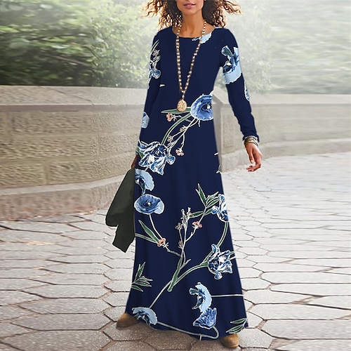 

Women's Casual Dress Swing Dress Long Dress Maxi Dress Blue Long Sleeve Floral Pocket Print Winter Fall V Neck Vacation Casual Fall Dress 2022 S M L XL XXL 3XL / Winter Dress