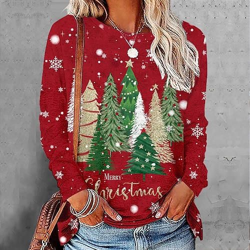 

Women's T shirt Tee Red Christmas Tree Print Long Sleeve Christmas Weekend Basic Round Neck Regular Floral Painting S