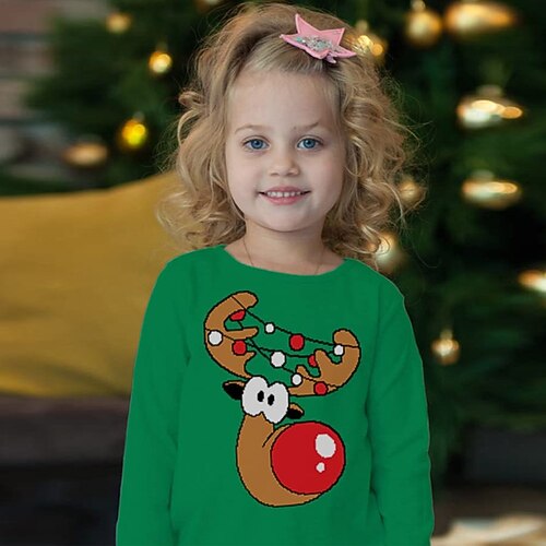 

Kids Girls' Ugly Christmas T shirt Animal Outdoor Long Sleeve Crewneck Vacation 7-13 Years Winter Green Red / Cute / Fall