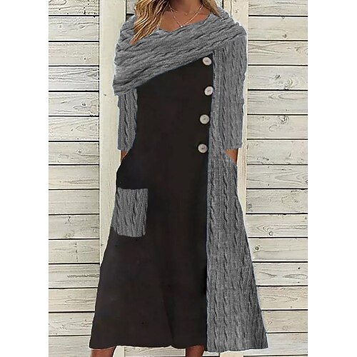 

Women's Sweater Jumper Dress Midi Dress Midi Dress Black gray 3/4 Length Sleeve Color Block Ruched Patchwork Button Fall Winter V Neck Stylish Casual 2022 S M L XL XXL 3XL