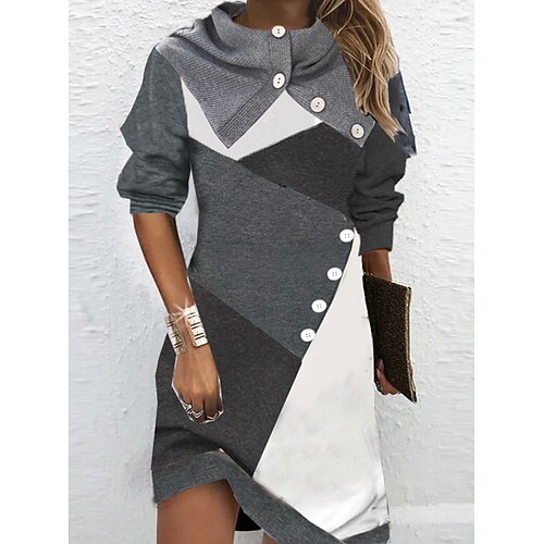 

Women's Sheath Dress Short Mini Dress Short Mini Dress Gray Half Sleeve Color Block Patchwork Print Fall Winter Stand Collar Stylish Modern 2022 S M L XL XXL 3XL