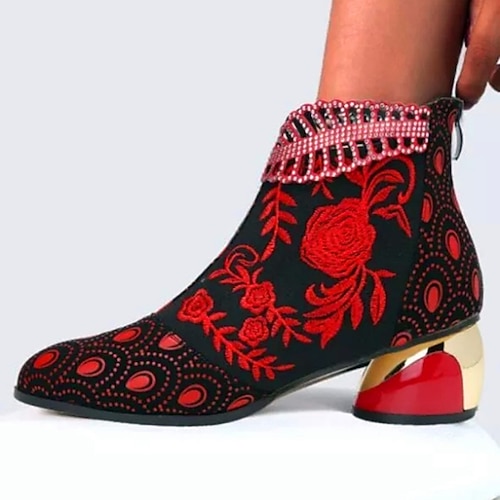 

Women's Boots Plus Size Booties Ankle Boots Rhinestone Low Heel Chunky Heel Pointed Toe Vintage Elegant Sweet Outdoor Daily PU Leather Zipper Fall Winter Embroidered Green Purple Red