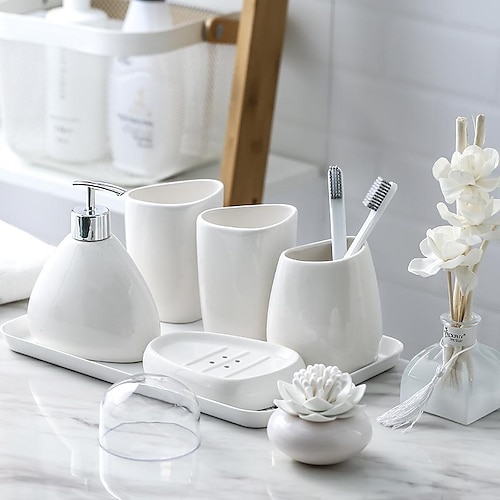 

Bathroom Accessories 5 Piece Set, Bathroom Set, Soap Dispenser, Toothbrush Holder, Toothbrush Cup, Soap Dish, Minimalist Design, Sanitary Ceramics, Suitable For Families, Hotels.