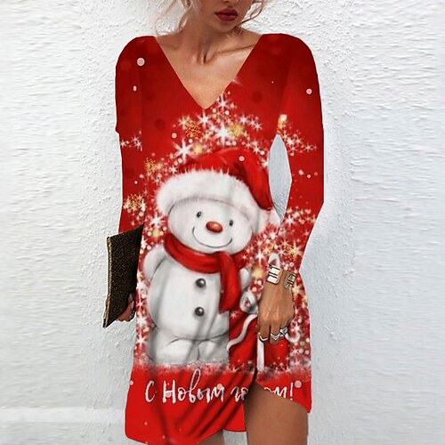

Women's Christmas Casual Dress T Shirt Dress Tee Dress Shift Dress Mini Dress Wine Long Sleeve Snowman Pocket Winter Fall Autumn V Neck Vacation Loose Fit 2022 S M L XL XXL 3XL / Print