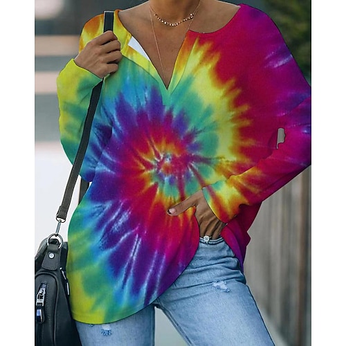 

Women's T shirt Tee Yellow Red Graphic Tie Dye Print Long Sleeve Casual Holiday V Neck Regular S