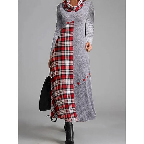

Women's Sweater Dress Long Dress Maxi Dress Gray Long Sleeve Plaid Ruched Button Print Winter Fall Crew Neck Stylish Modern Fall Dress 2022 S M L XL XXL 3XL / Winter Dress
