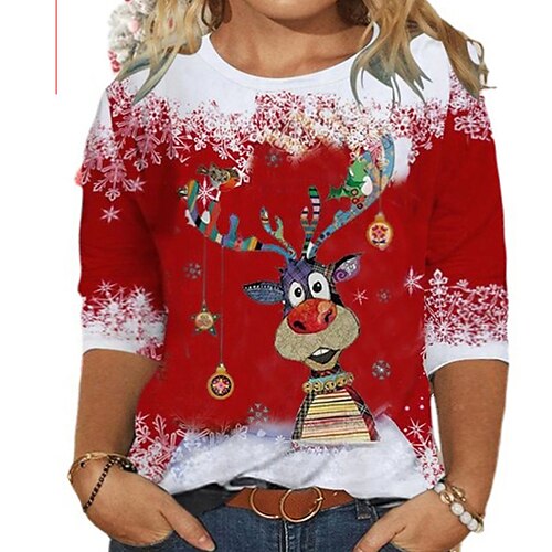 

Women's Plus Size Christmas Tops T shirt Tee Deer Snowflake Print Long Sleeve Casual Daily Cotton Blend Winter Fall Red