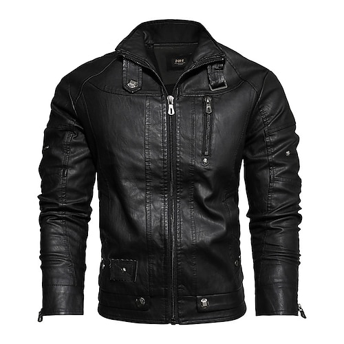 

Men's Faux Leather Jacket Biker Jacket Motorcycle Jacket Durable Casual / Daily Daily Wear Vacation To-Go Zipper Standing Collar Comfort Leisure Jacket Outerwear Solid / Plain Color Pocket Dark