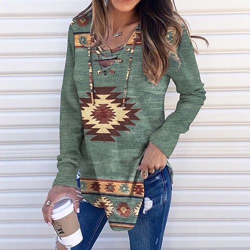 

Women's Sweatshirt Pullover Streetwear Ethnic Green Geometric Street V Neck Long Sleeve S M L XL 2XL