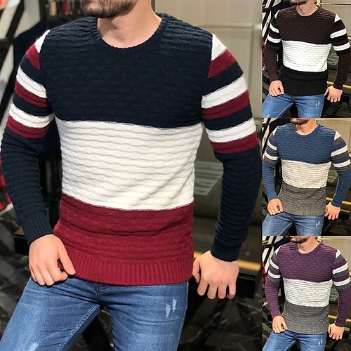 

Men's Pullover Sweater Jumper Ribbed Knit Regular Knitted Stripes Round Neck Keep Warm Modern Contemporary Work Daily Wear Clothing Apparel Spring & Fall Blue Purple M L XL