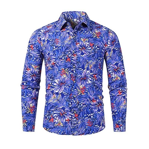 

Men's Vintage Shirt Regular Fit Long Sleeve Square Neck Floral Polyester Fuchsia Royal Blue Brown 2022