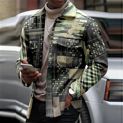 

Men's Coat With Pockets Daily Wear Vacation Going out Single Breasted Turndown Streetwear Casual Daily Outdoor Jacket Outerwear Plaid Houndstooth Print Green
