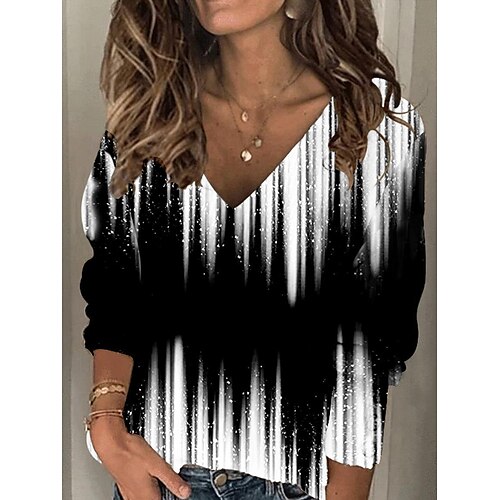 

Women's Shirt Black Color Block Print Long Sleeve Casual Streetwear V Neck Regular S