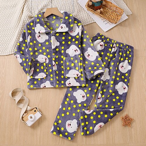 

Toddler Boys 2 Pieces Pajama Set Long Sleeve Dark Gray Bear Pocket Fall Winter Adorable Home 3-7 Years