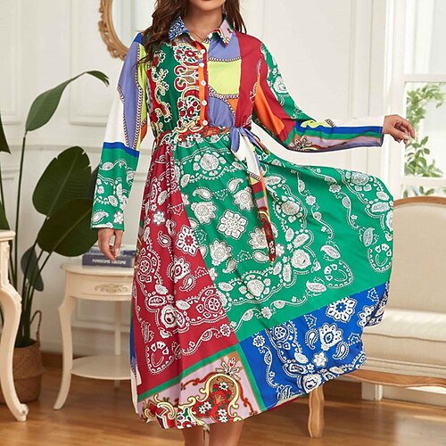 

Women's Plus Size Shirt Dress Floral Shirt Collar Long Sleeve Winter Fall Vintage Boho Casual Midi Dress Daily Vacation Dress