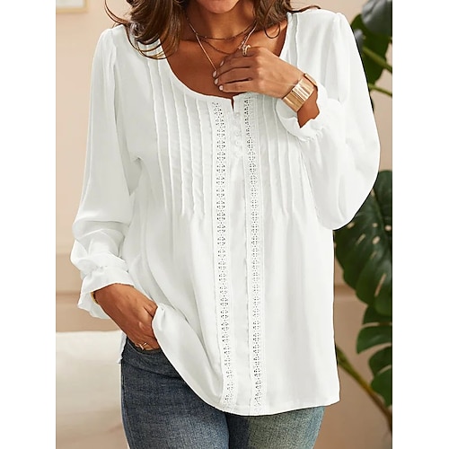 

Women's Blouse Blue Pink Red Plain Lace Button Long Sleeve Daily Weekend Streetwear Casual V Neck Regular S