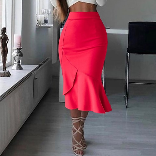 

Women's Skirt Work Skirts Midi Polyester Black Red Skirts Ruffle Fashion Office / Career Daily S M L