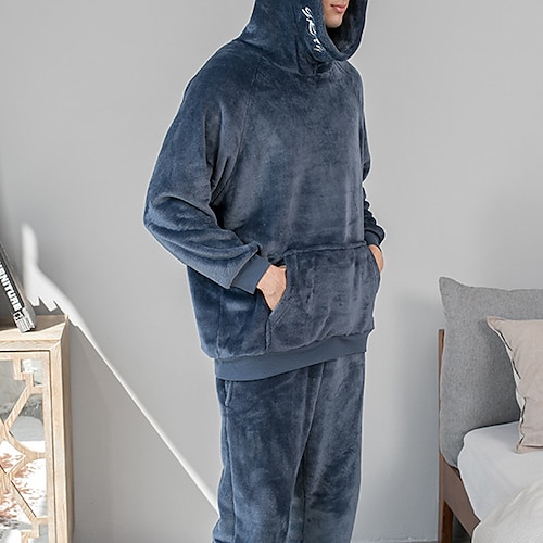 

Herre Loungewear Pyjamas Sæt Ren farve Mode Enkel Plysset Hjem Polyester Varm Åndbart Hættetrøje Langærmet Bukse Lomme Hætte Vinter Brun Navyblå / Flanel