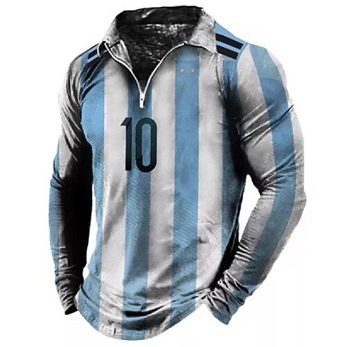 

Men's Collar Polo Shirt Golf Shirt Letter Striped Turndown Blue 3D Print Casual Daily Long Sleeve Zipper Print Clothing Apparel Fashion Designer Casual Breathable
