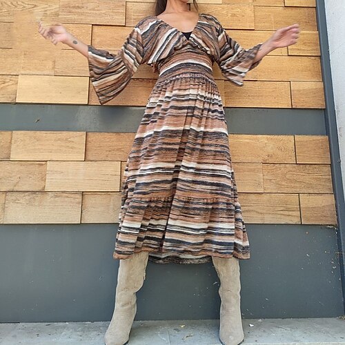 

Women's Casual Dress Shift Dress Midi Dress Brown 3/4 Length Sleeve Print Print Fall Winter V Neck Stylish Casual Flare Cuff Sleeve 2022 S M L XL 2XL 3XL