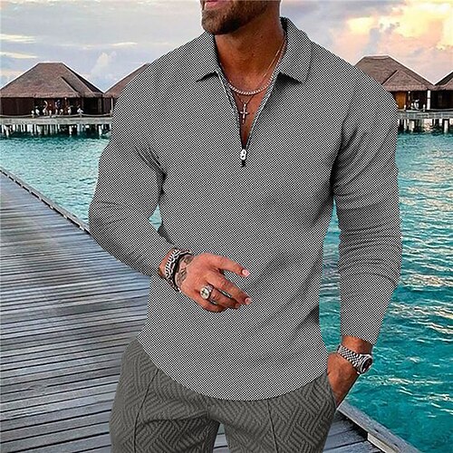 

Men's Collar Polo Shirt Golf Shirt Graphic Prints Turndown Green Gray 3D Print Outdoor Street Long Sleeve Zipper Print Clothing Apparel Fashion Designer Casual Breathable