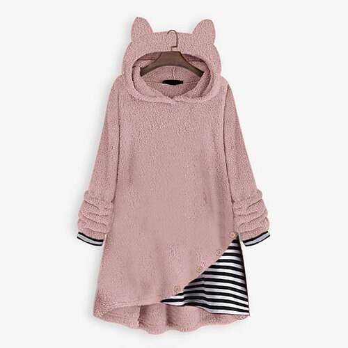 

Women's Hoodie Sweatshirt Pullover Sherpa Fleece Teddy Button Pink Red Brown Striped Street Hoodie Long Sleeve S M L XL 2XL 3XL