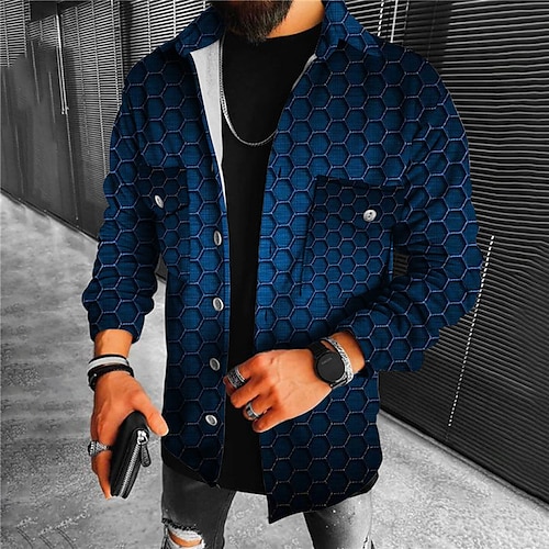 

Men's Jacket With Pockets Daily Wear Vacation Going out Single Breasted Turndown Streetwear Sport Casual Jacket Outerwear Optical Illusion Geometry Front Pocket Print Blue Dark Red Gray / Long Sleeve