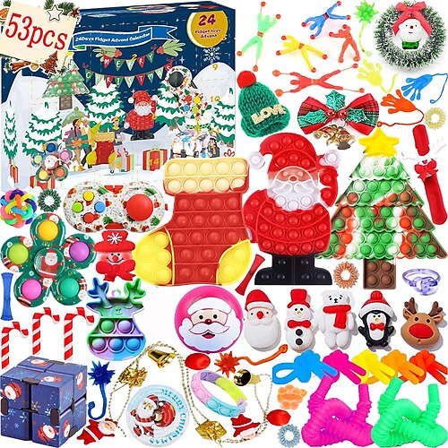 

Cykapu 54 peças conjunto de natal brinquedos de descompressão populares brinquedos sensoriais de descompressão de bolhas de pressão santa veado papai noel chaveiros de natal autismo brinquedos de