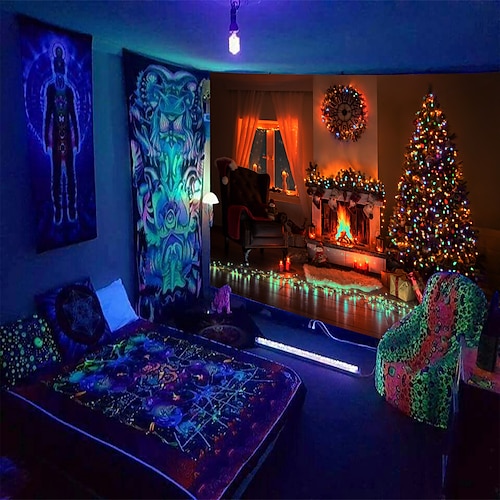 

Christmas Blacklight UV Reactive Wall Tapestry Photography Backround Tree Fireplace Light Tapestry Dormitory Living Room Art Decoration Hanging Cloth