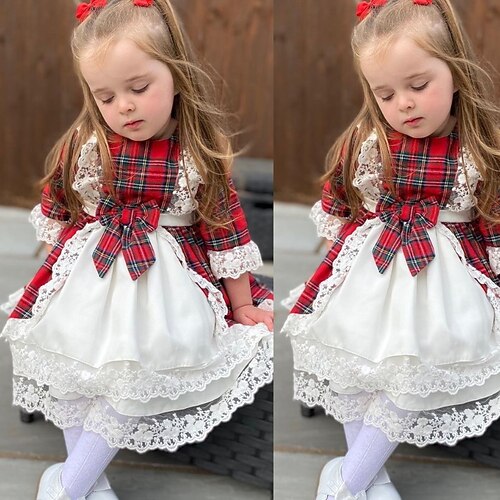 

Toddler Girls' Christmas Party Dress Plaid Party Dress Performance Anniversary Red Long Sleeve Active Cute Dresses Christmas Fall Winter 3-7 Years