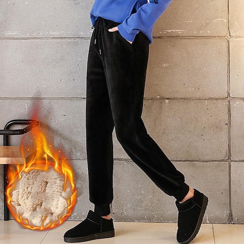 

Women's Pants Trousers Pocket Solid Color Basic Thick Winter Grey Black