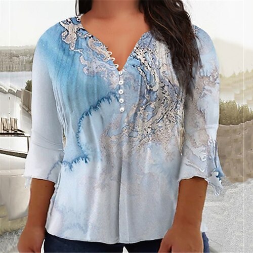 

Women's Plus Size Tops Blouse Shirt Color Gradient Button Print 3/4 Length Sleeve V Neck Casual Daily Vacation Cotton Spandex Jersey Winter Fall Blue Pink