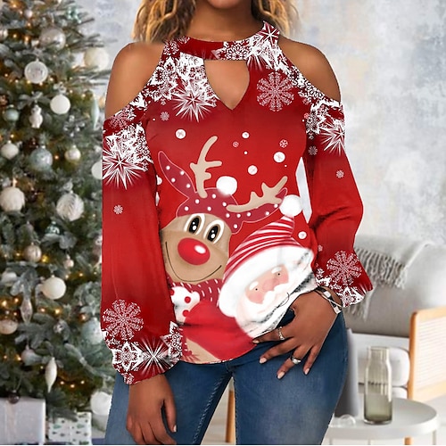 

Women's Blouse Shirt Red Deer Snowflake Cut Out Print Long Sleeve Christmas Casual Basic Shirt Collar Regular S