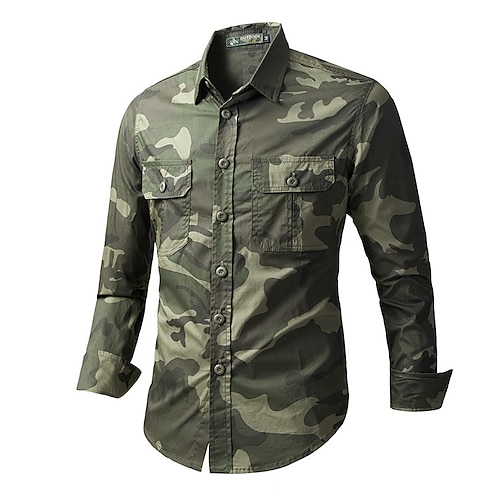 

Men's Shirt Work Shirt Button Up Shirt Summer Shirt Cargo Shirt Army Green Khaki Gray Long Sleeve Camouflage Camo / Camouflage Turndown Outdoor Daily Button-Down Clothing Apparel Cotton Casual
