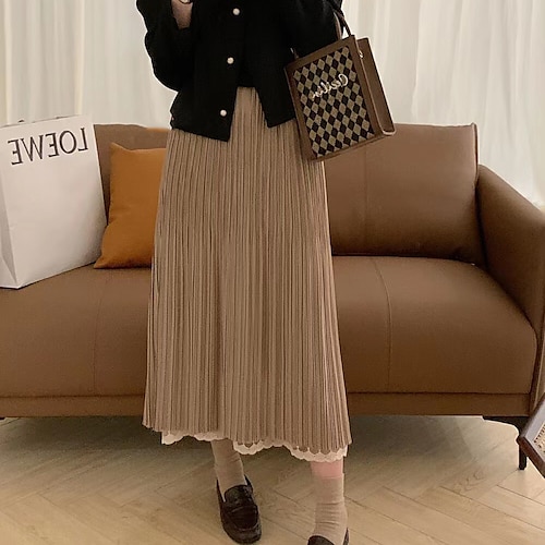 

Women's Skirt Midi Polyester Black Camel Skirts Pleated Lace Trims Fashion Casual Daily Weekend One-Size