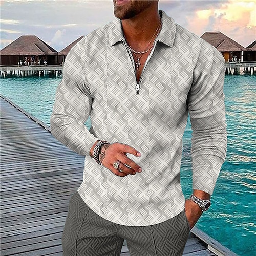 

Men's Collar Polo Shirt Golf Shirt Graphic Prints Geometry Turndown Green Blue Gray 3D Print Street Casual Long Sleeve Zipper Print Clothing Apparel Fashion Designer Casual Breathable
