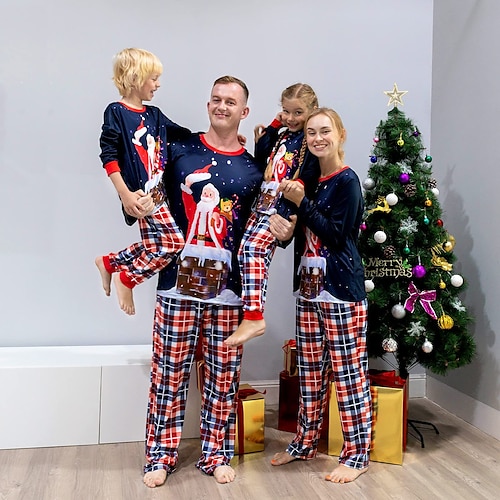 

Family Look Christmas Pajamas Plaid Santa Claus Candy Cane Home Dark Blue Long Sleeve Daily Matching Outfits