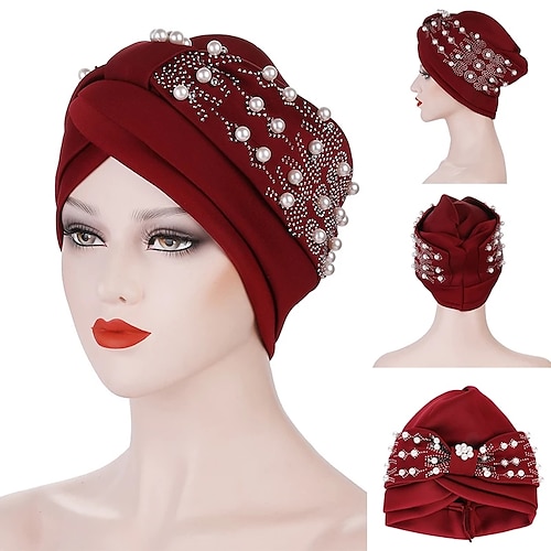 

11 Colors Choice High Quality Exquisite Beading Turban Hat For Women Muslim Headscarf Ladies Pearl Hijab Bonnet Islamic Head Wraps African Turbans