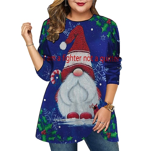 

Women's Plus Size Christmas Tops T shirt Tee Letter Santa Claus Print Long Sleeve Casual Going out Cotton Spandex Jersey Winter Fall Blue Dark Blue