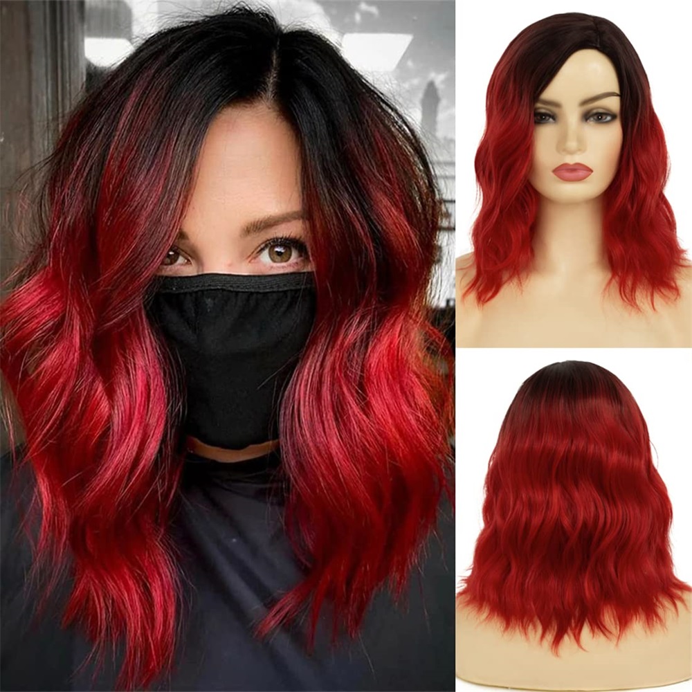 

Ombre Red Wig Short Curly Wavy Bob Wigs for Women Synthetic Dark Roots Side Part Cosplay Hair Wig ChristmasPartyWigs