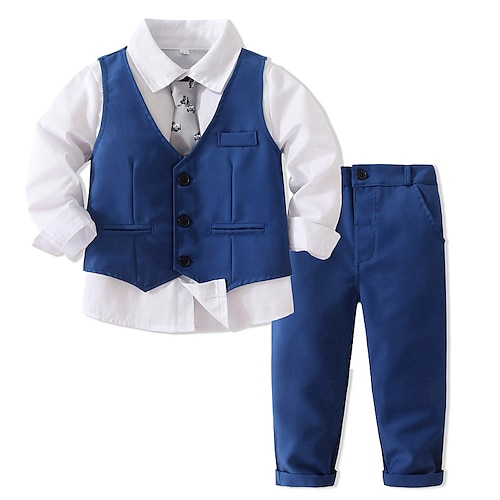 

3 Stück Baby Jungen Shirt Hose Kleidungsset Outfit Feste Farbe Langarm Set Formal Sanft Herbst Frühling 1-5 Jahre Blau